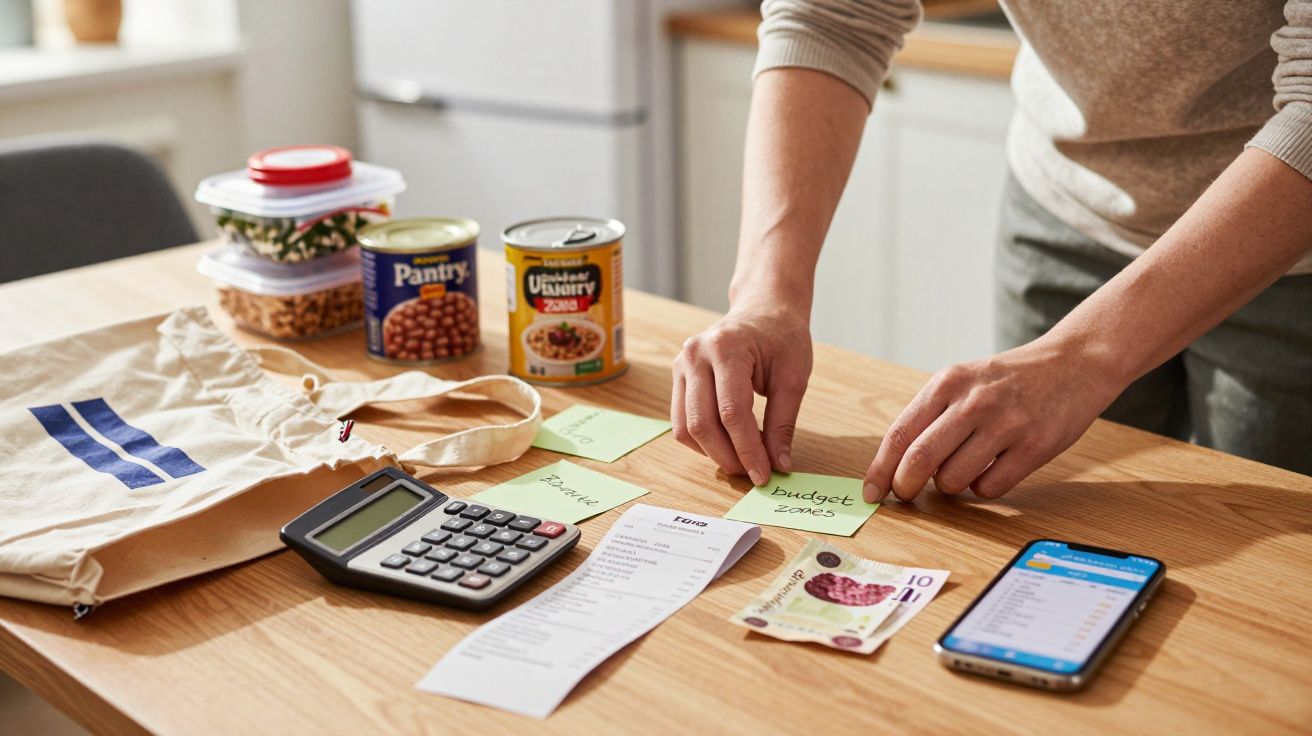 Person budgeting with a calculator, phone, sticky notes, and groceries on a kitchen table.