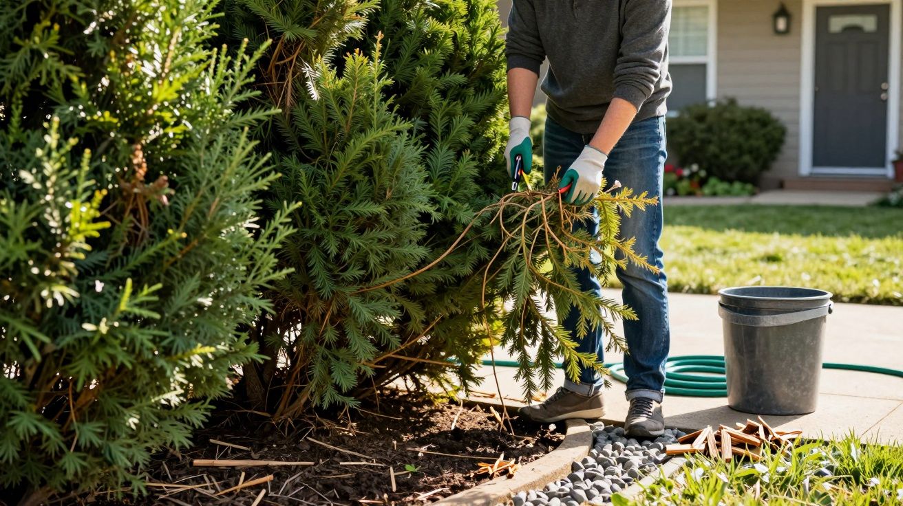 Person pruning evergreen bush with shears, wearing gloves, next to a bucket and garden hose on a sunny day.