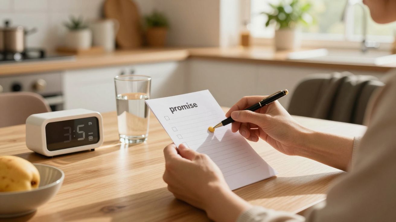 Person writing on a notepad titled "promise" at a wooden table with a clock, glass of water, and fruit nearby in a kitchen.