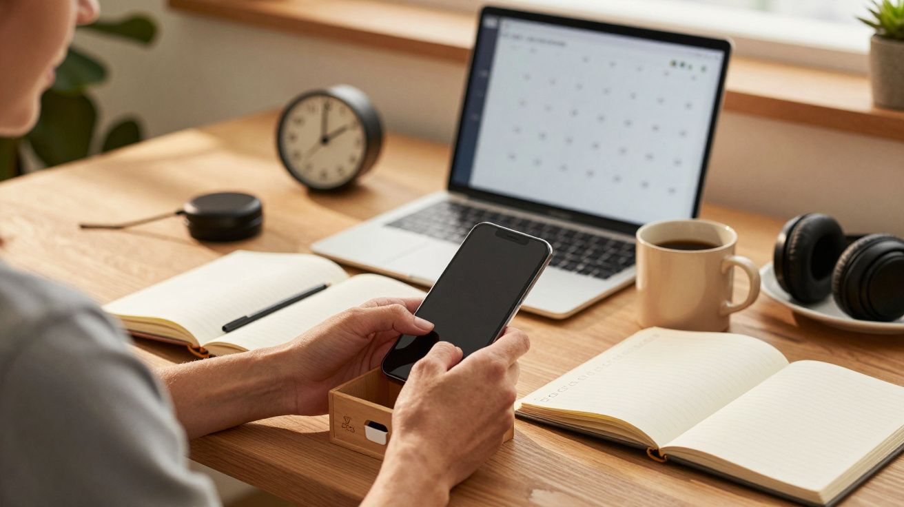Person using smartphone at a wooden desk with laptop, clock, notebook, coffee cup, and headphones.