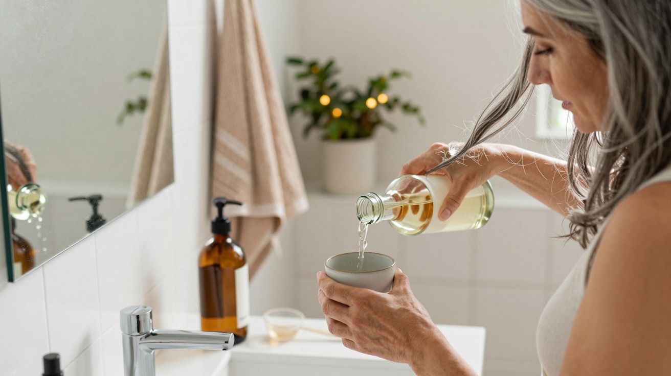 Woman pouring liquid into a small bowl in a bathroom with a plant and towels in the background.