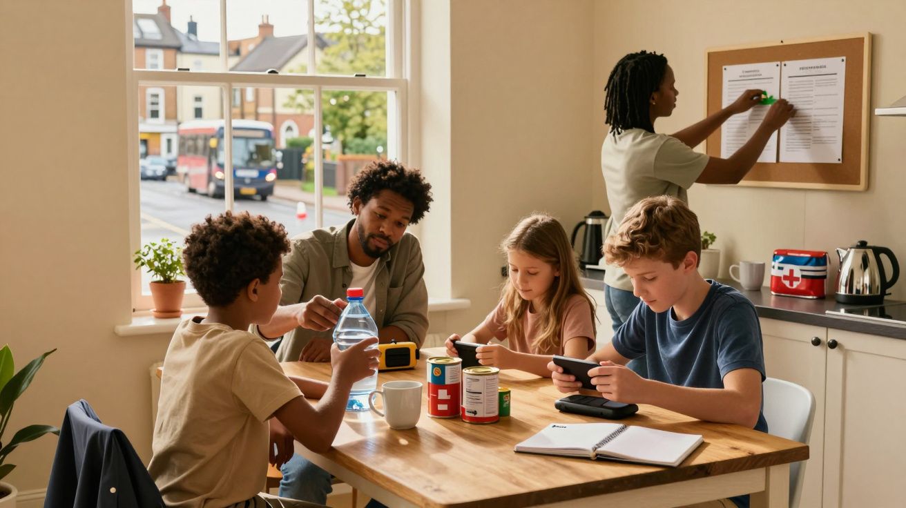 A family seated at a kitchen table, with food items, while one person pins a paper on a notice board nearby.