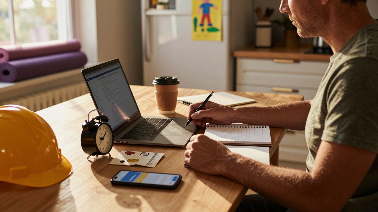 Man working at a kitchen table with a laptop, notebook, and coffee, next to a yellow hard hat and an alarm clock.