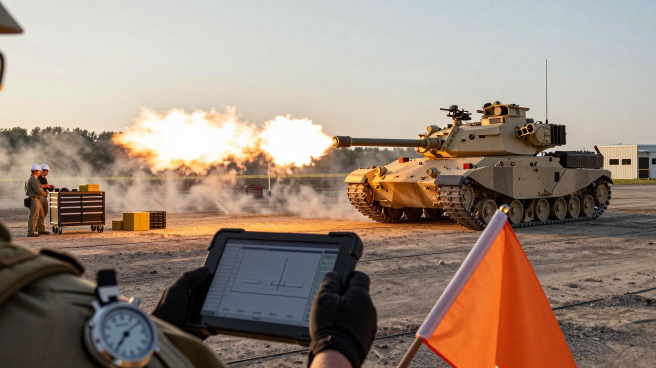 Tank firing with flames emerging from the barrel while a person in the foreground holds a tablet and stopwatch.