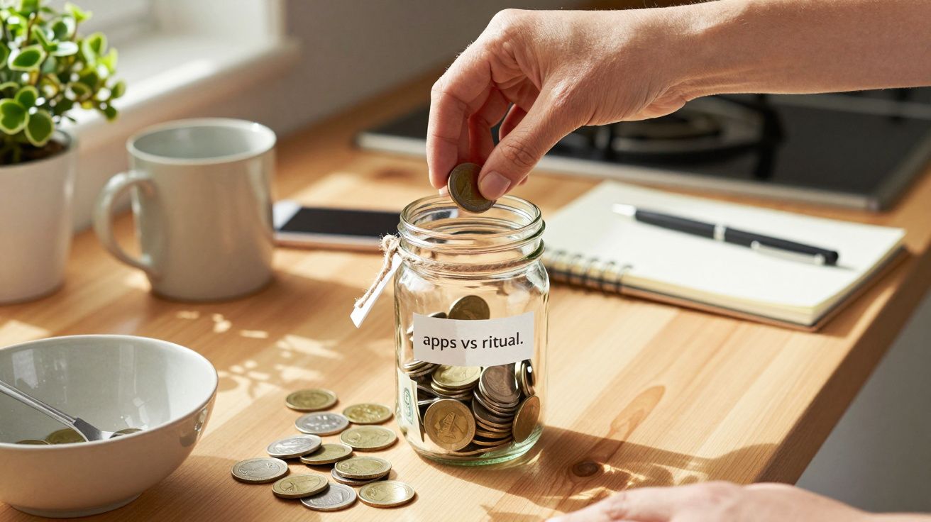 Hand placing coins into labelled jar on kitchen counter, surrounded by other coins, mugs, and a notebook.