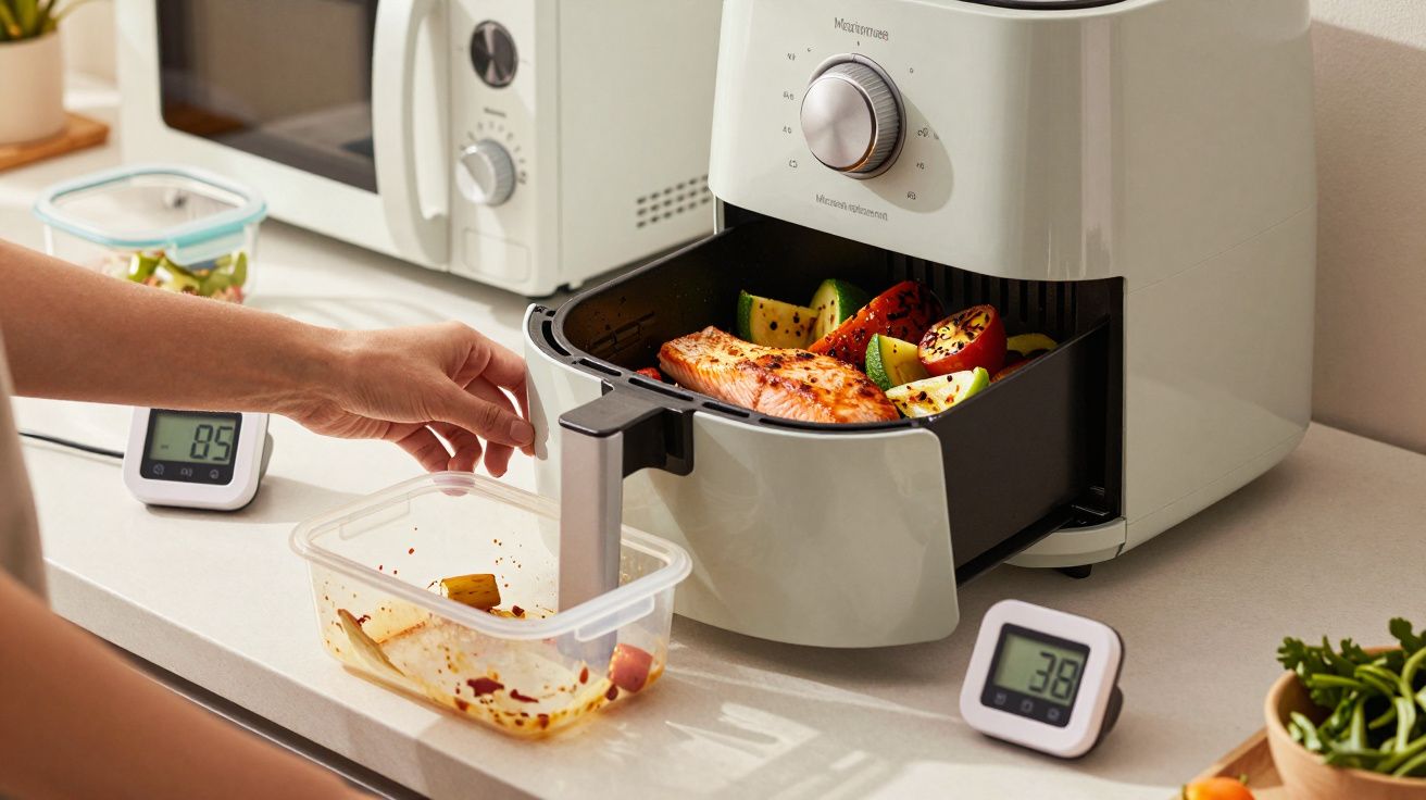 Person placing tray with seasoned salmon and vegetables in an air fryer on a kitchen counter.