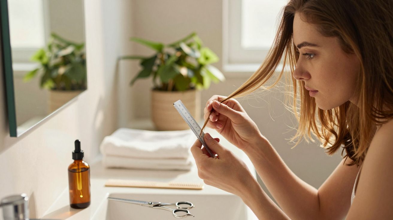 Woman measuring her hair with a ruler in a bathroom, scissors and a bottle on the counter.