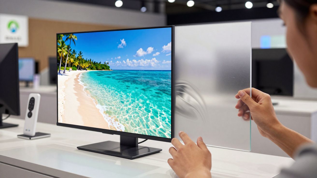 Person placing a privacy filter on a monitor displaying a tropical beach scene.