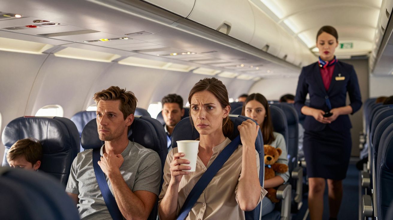 Passengers seated in an airplane, a woman holds a cup looking concerned, with a flight attendant walking down the aisle.