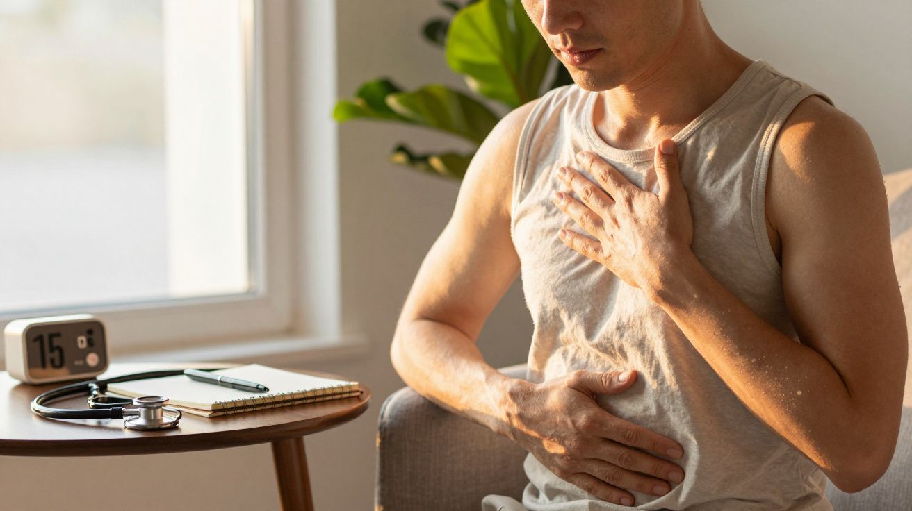 Person in grey vest touching chest and abdomen, seated beside a table with a blood pressure monitor and notebook.