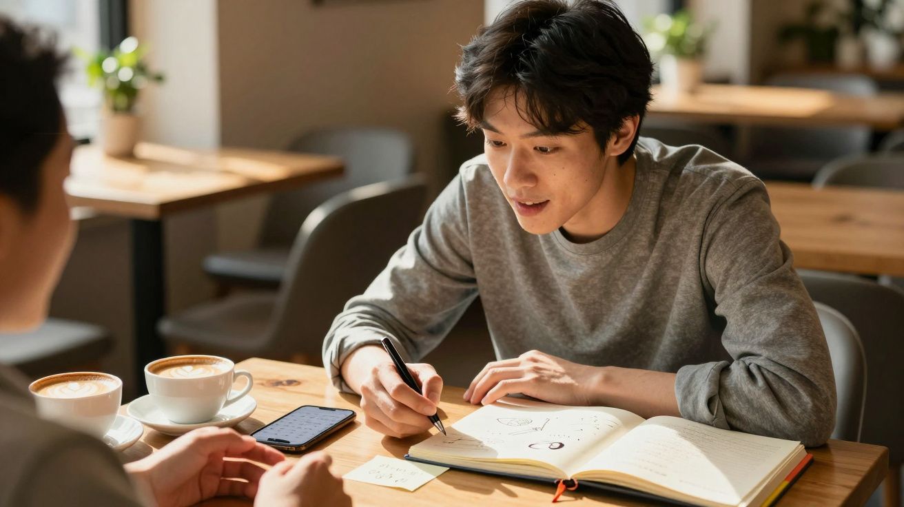 A person in a grey sweater writes in a notebook at a cafe table.