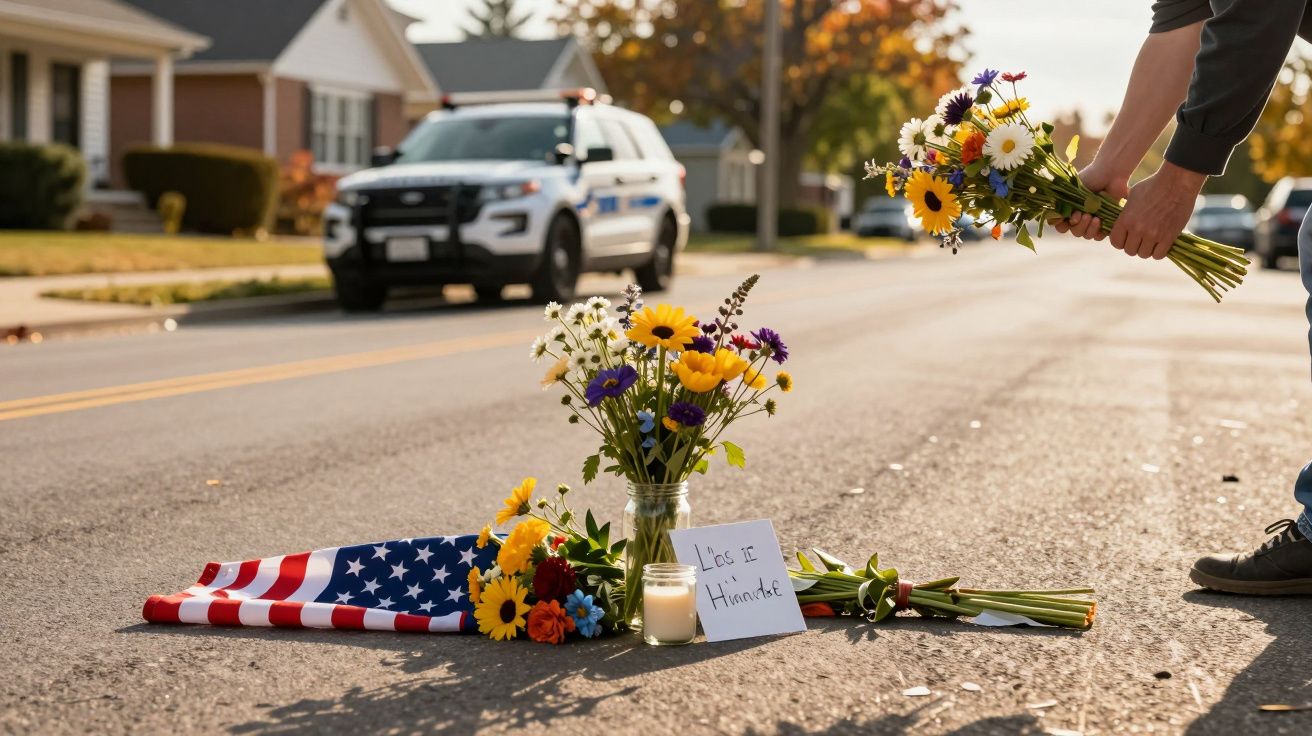 Flowers and an American flag with a note on a road, as someone places more flowers. A police car is in the background.