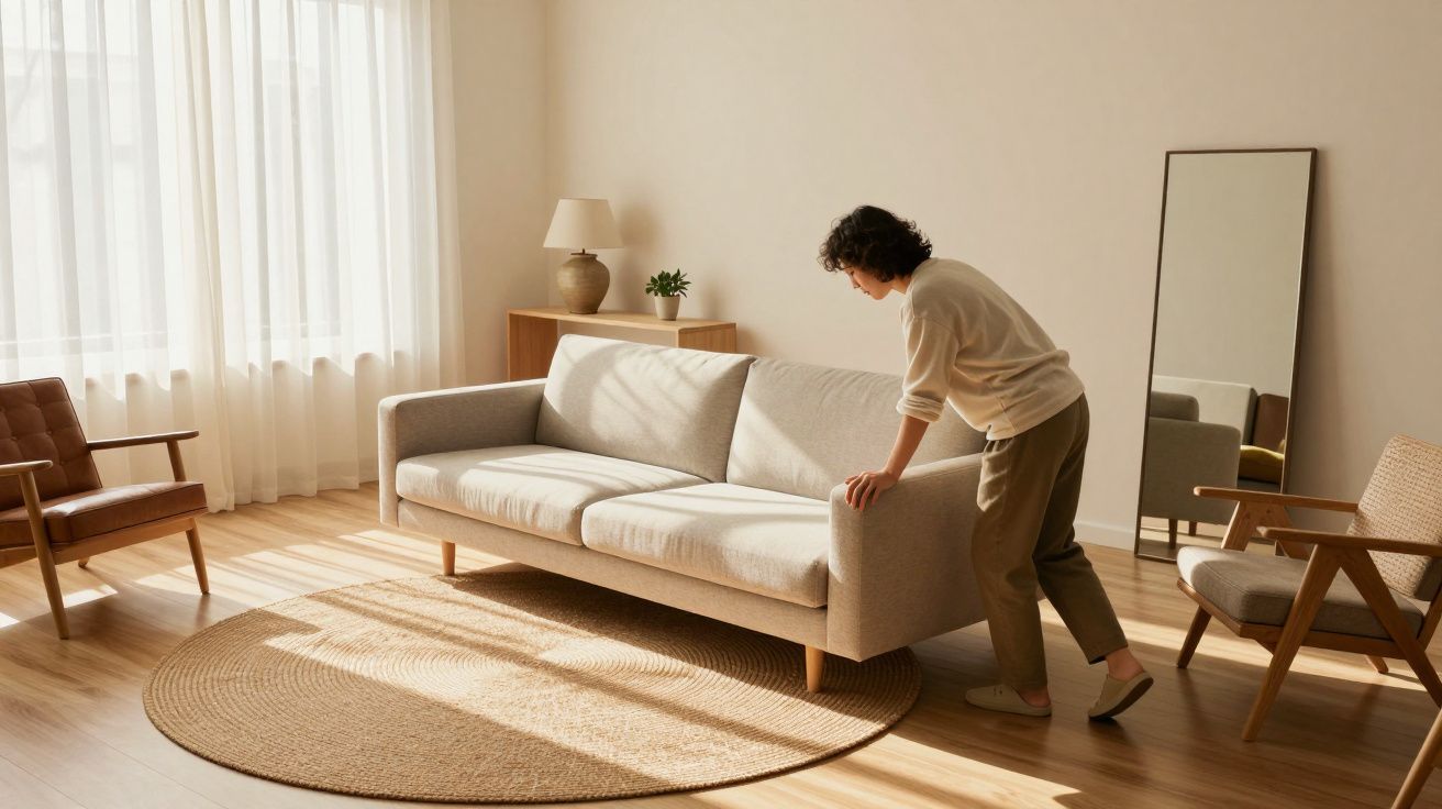 Person adjusting a grey sofa in a sunlit living room with modern furnishings and a circular jute rug.