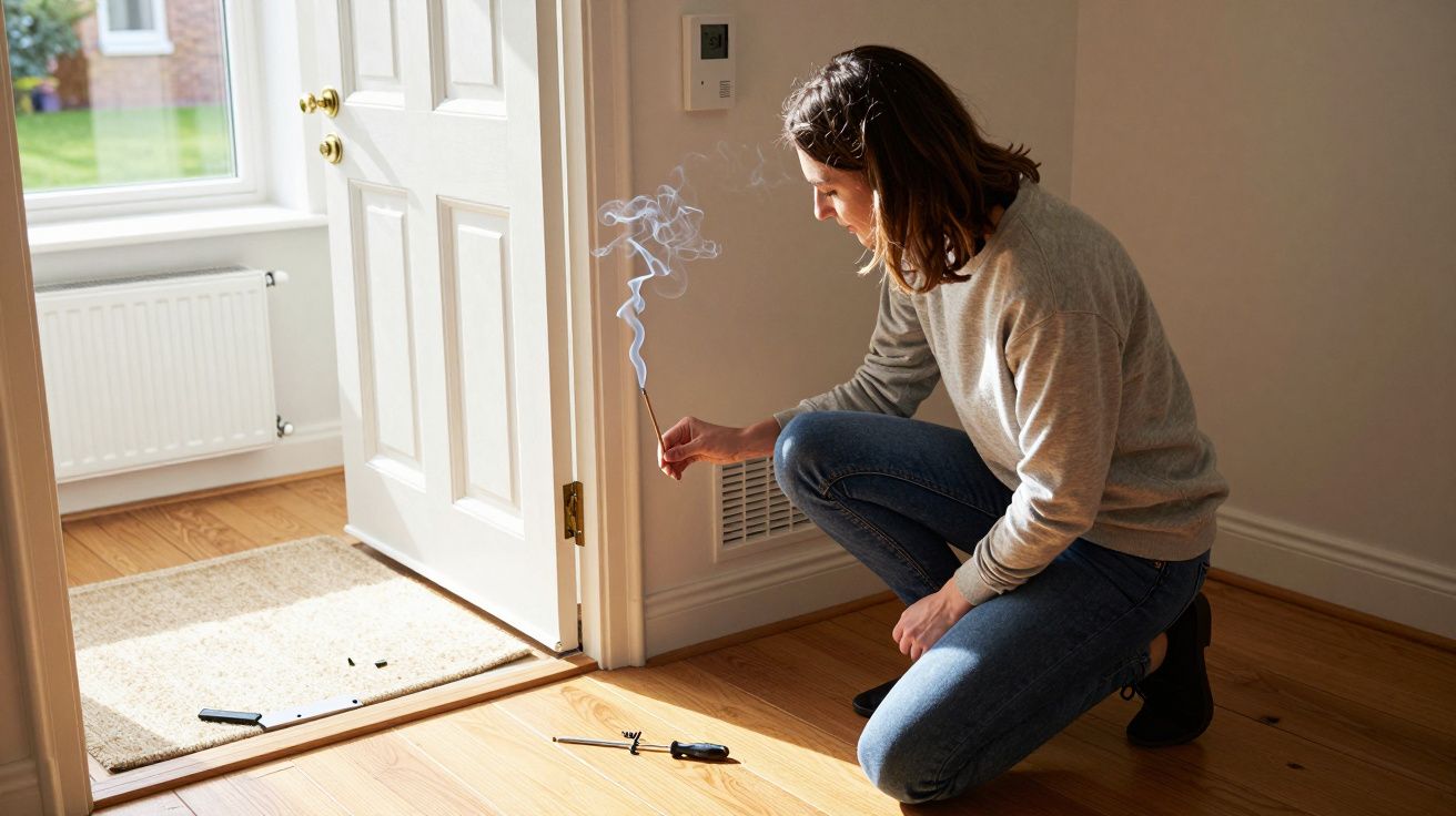 Woman kneeling by open door, holding smoking incense to check airflow, tools on wooden floor in bright room.