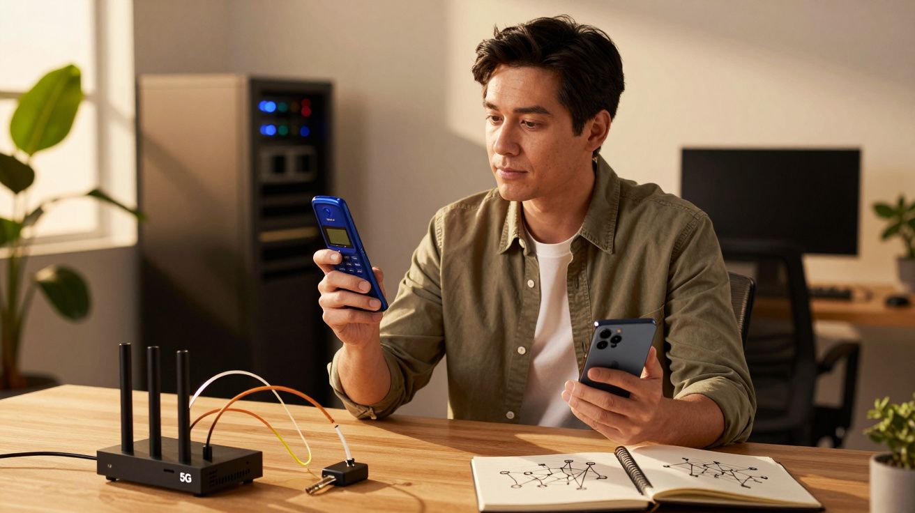 Man holding phones sits at a desk with a 5G modem, notebook, and plants in the background.