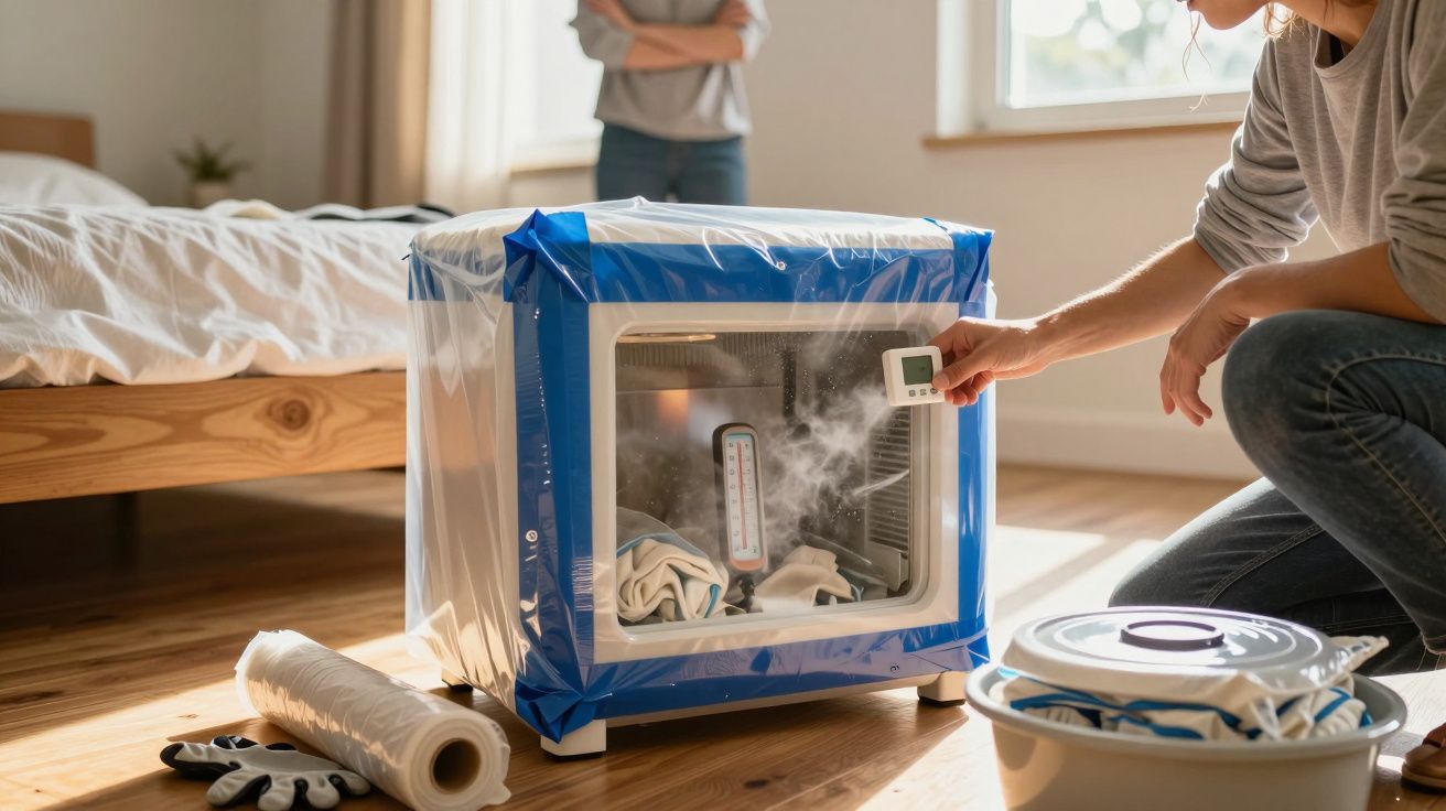 Person checks a humidifier in a bedroom setup, with towels and cleaning supplies nearby on the wooden floor.