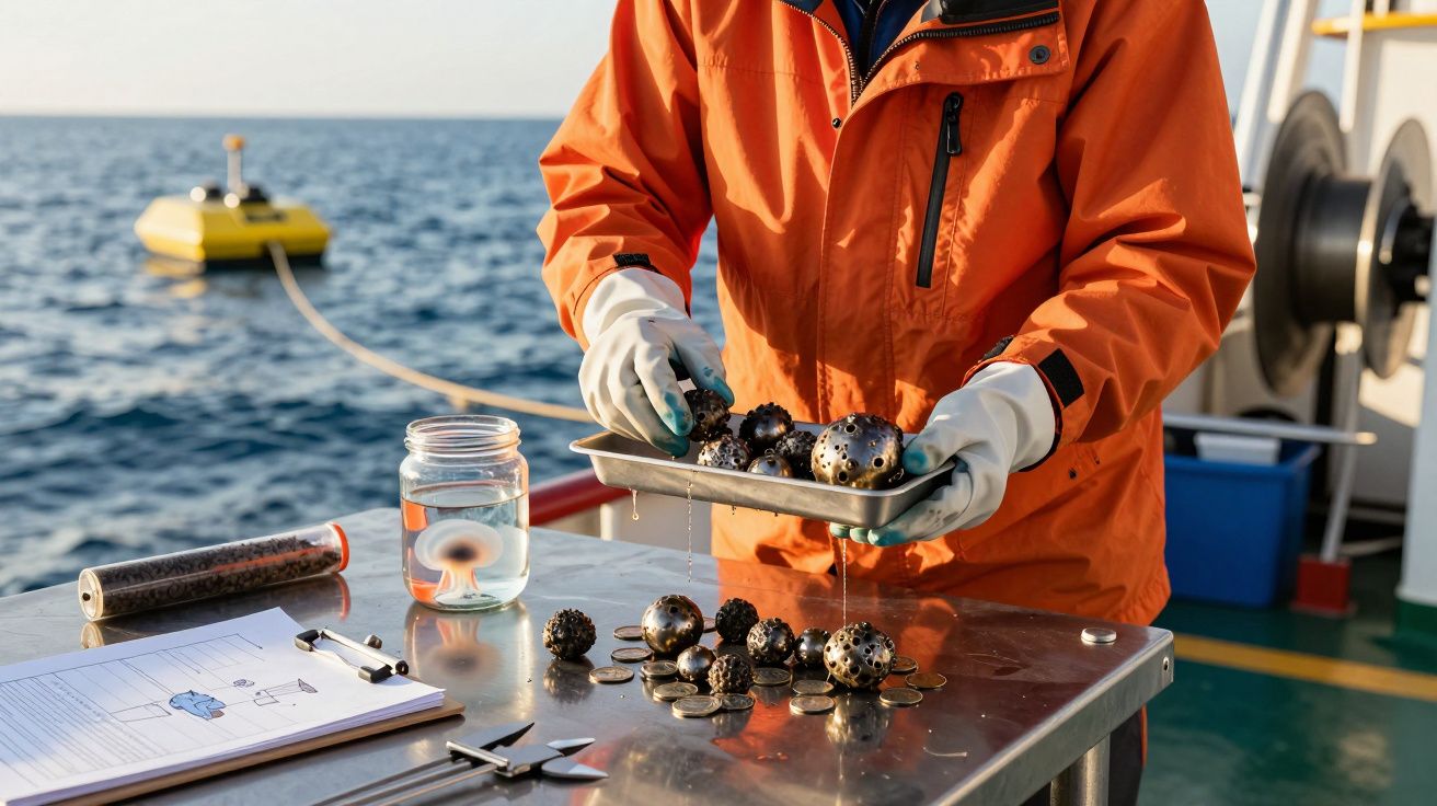 Researcher in orange jacket examines sea urchins on boat deck with ocean in background, clipboard and tools nearby.