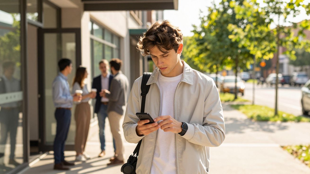 Young man in casual clothing looks at his phone while walking on a sunny urban street, with three people chatting in the back