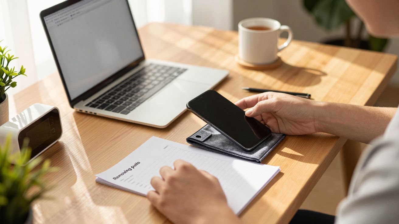 Person planning at a desk with a laptop, smartphone, notebook, and a cup of coffee.