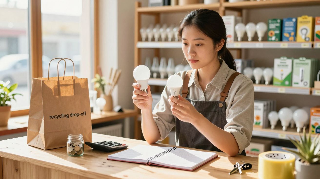 Woman in apron examines light bulbs at wooden desk, with notebook, recycling bag, calculator, and shelf of bulbs behind her.