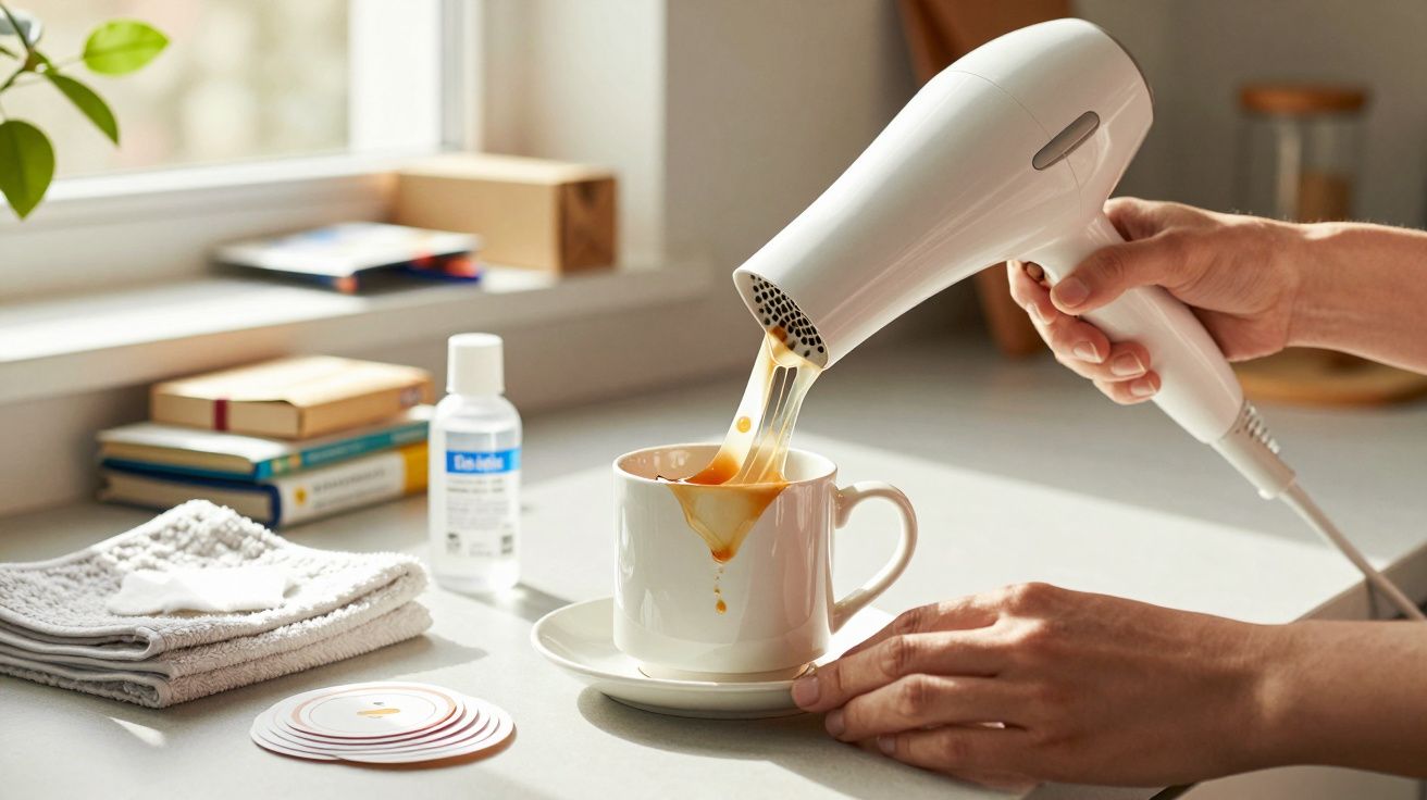 A person pouring tea from a hairdryer into a white cup on a kitchen counter near books and towels.