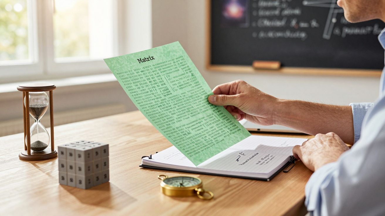 Person holding a green document titled "Matrix" at a wooden desk with notebook, compass, hourglass, and a blackboard in view.