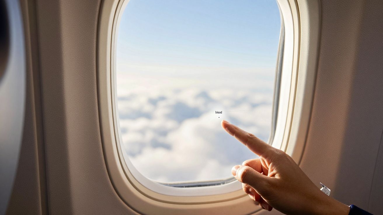 Hand pointing at airplane window with cloud view outside.