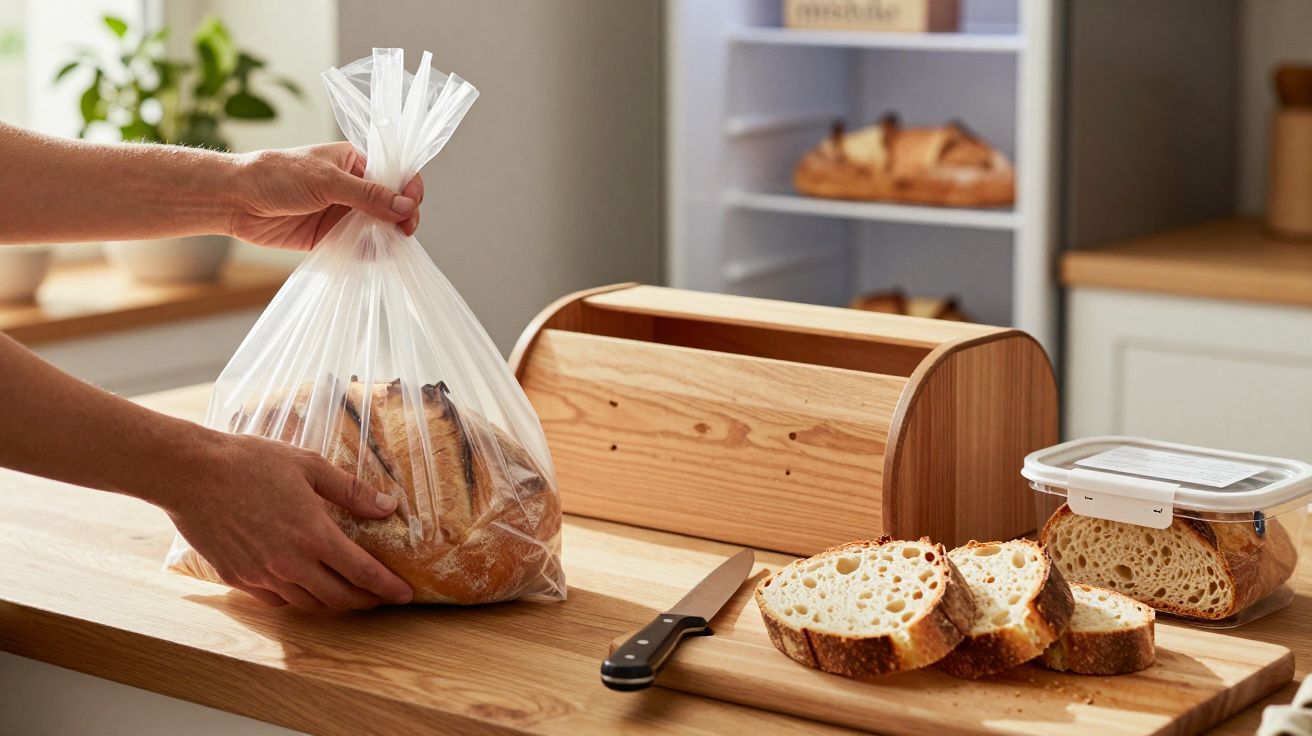 Person placing bread in a plastic bag on a kitchen counter beside a wooden bread bin and sliced bread.