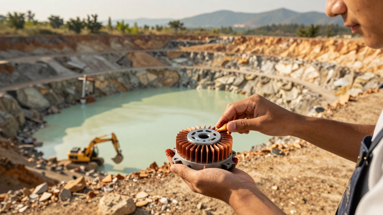 Man holding a mechanical part at a quarry with an excavator and water-filled pit in the background.
