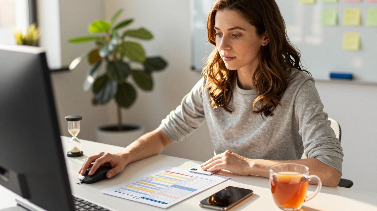 Woman in a grey sweater working at a computer, with a document, tea, and smartphone on the desk; plant in background.