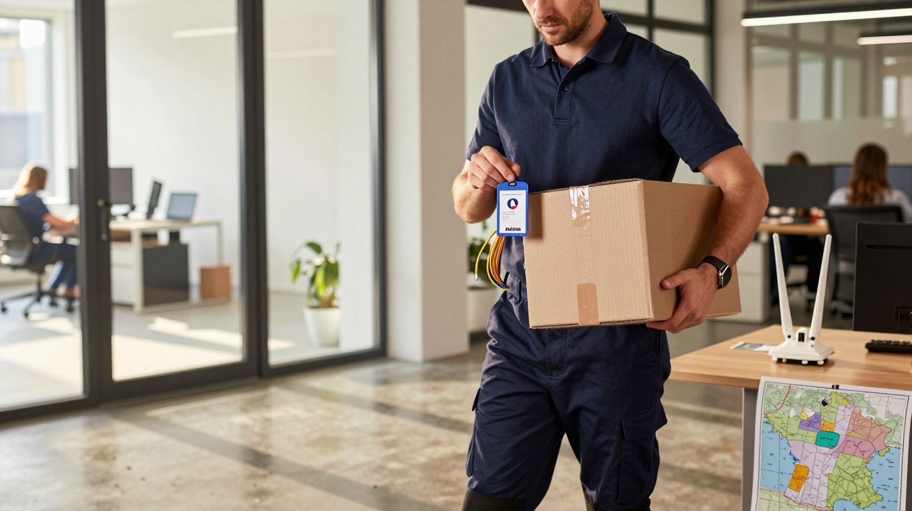 A man in a blue uniform carries a cardboard box in a modern office with desks and a map on a table.