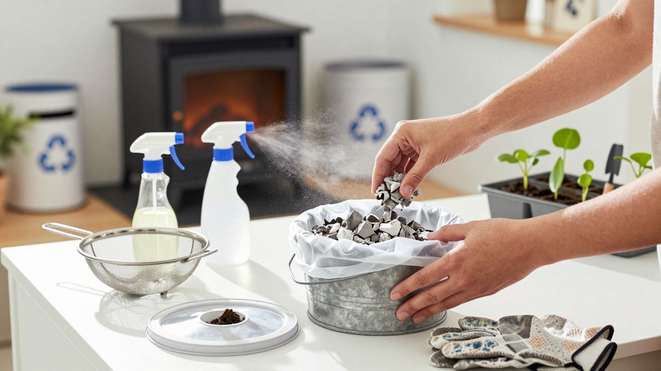 Person preparing compost in a metal bucket with spray bottles, sieve, and plants on a kitchen counter.