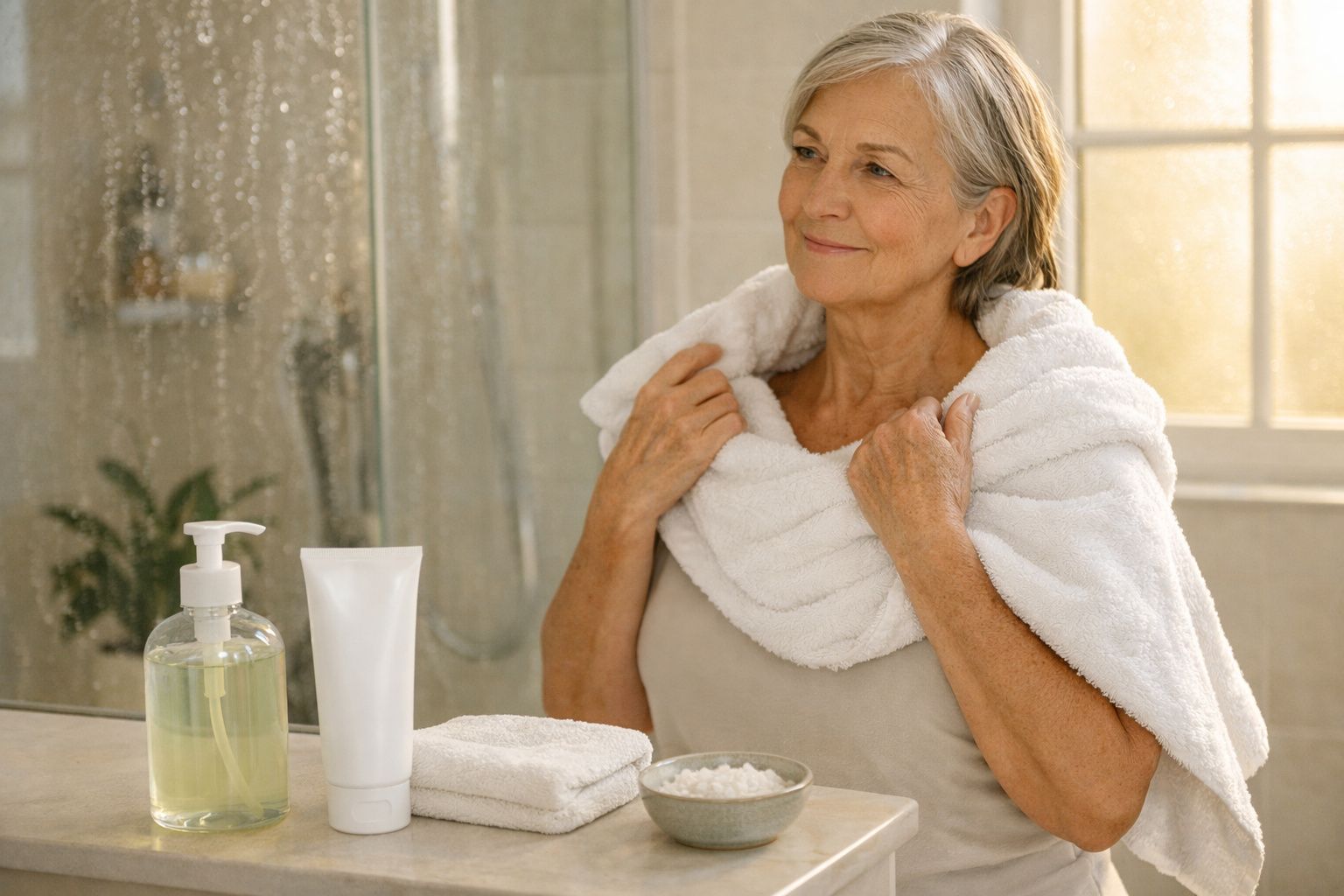 Woman applying lotion to her arm in a bathroom, wearing a white bathrobe, with a small calendar on the counter.