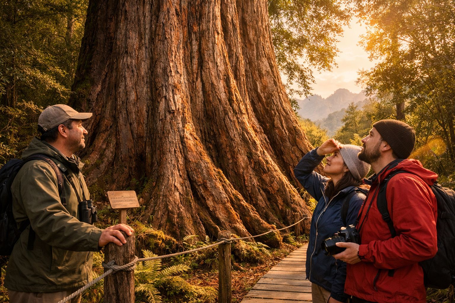 People standing in front of a massive redwood tree, one holding a map, surrounded by lush forest vegetation.