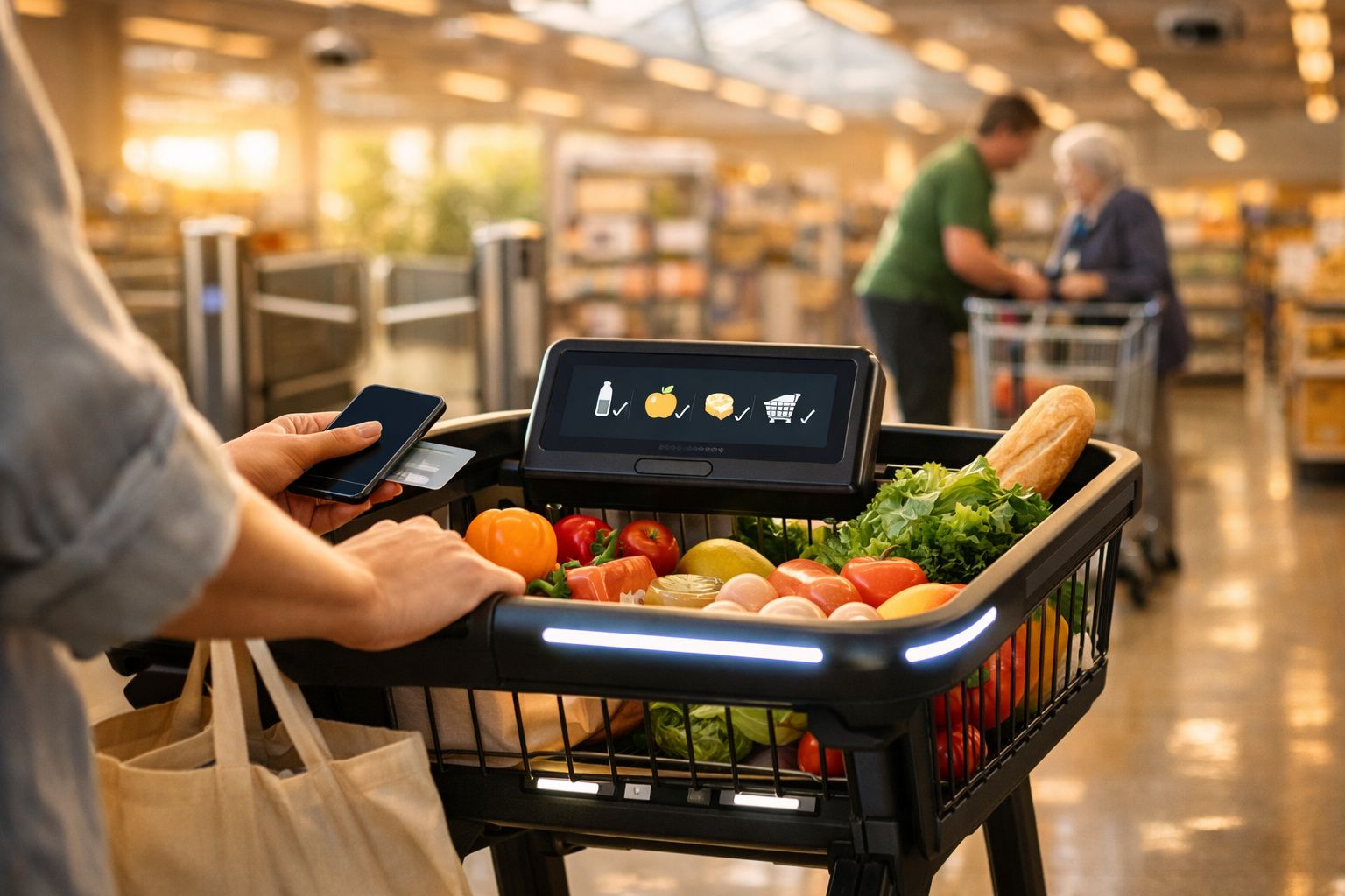 Person pushing a smart shopping trolley with a digital screen displaying items, in a grocery store aisle.