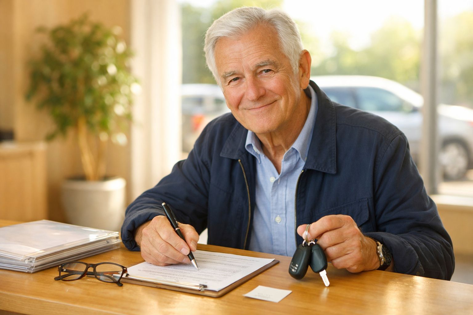 Elderly man smiling, holding car keys and documents, stands beside a shiny silver car in a bright showroom.