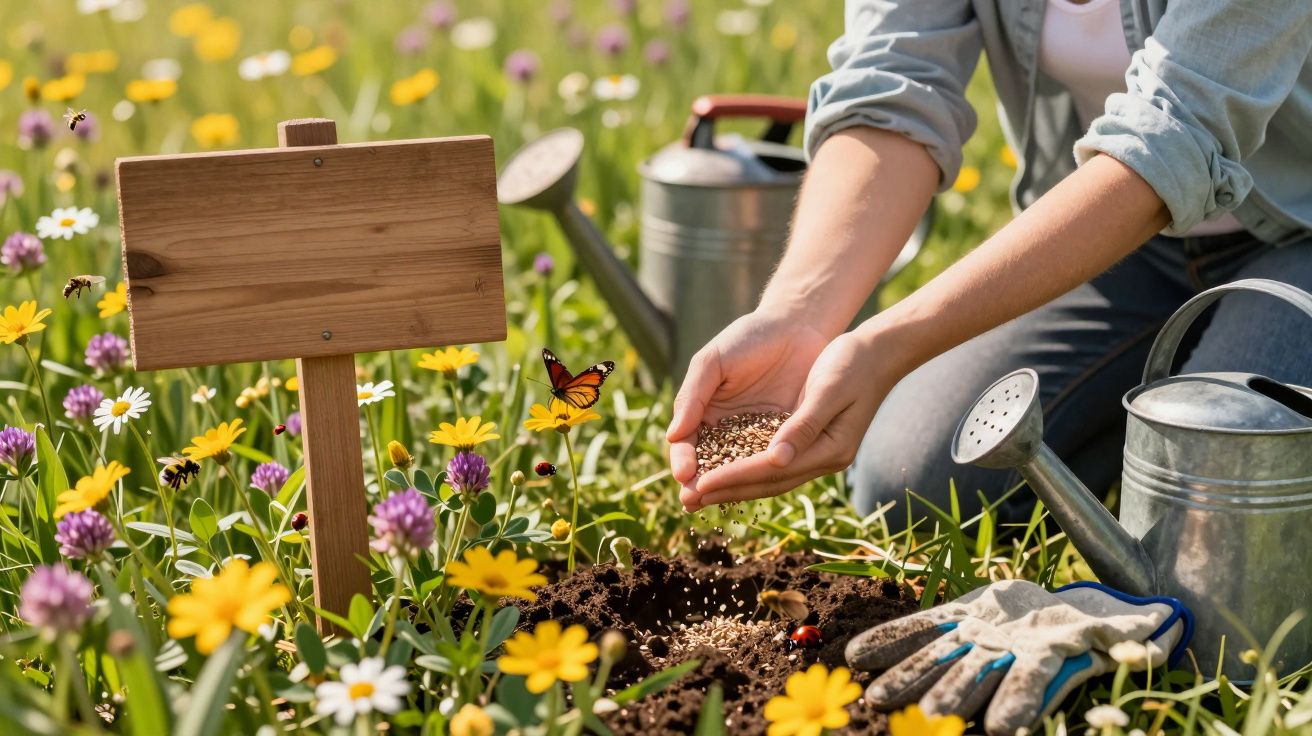 Person sowing seeds in a colourful flower garden with a watering can, gloves, and a butterfly nearby.
