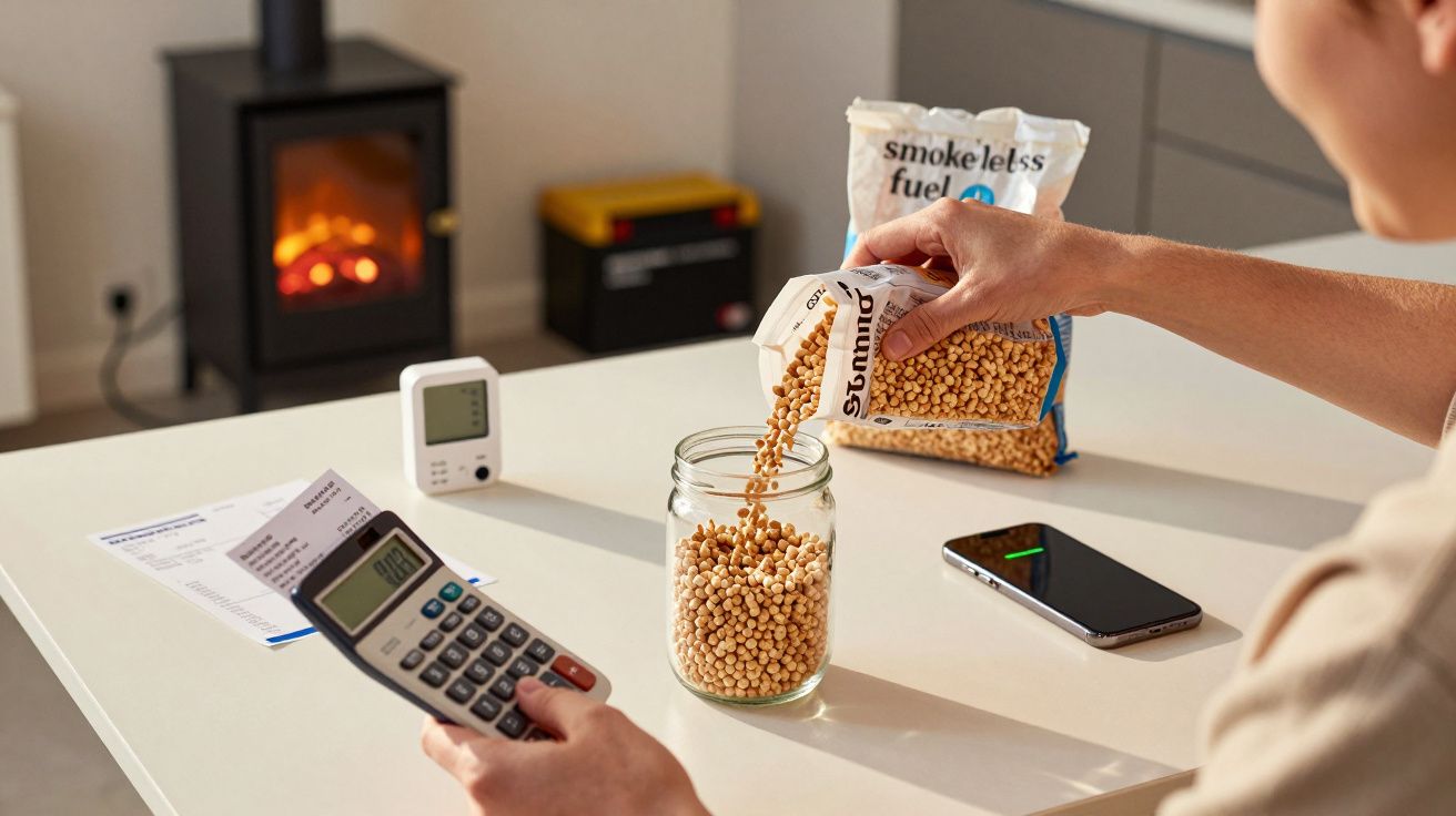 Person pouring biomass pellets into jar, holding calculator, with stove, smartphone, and energy monitor on table.