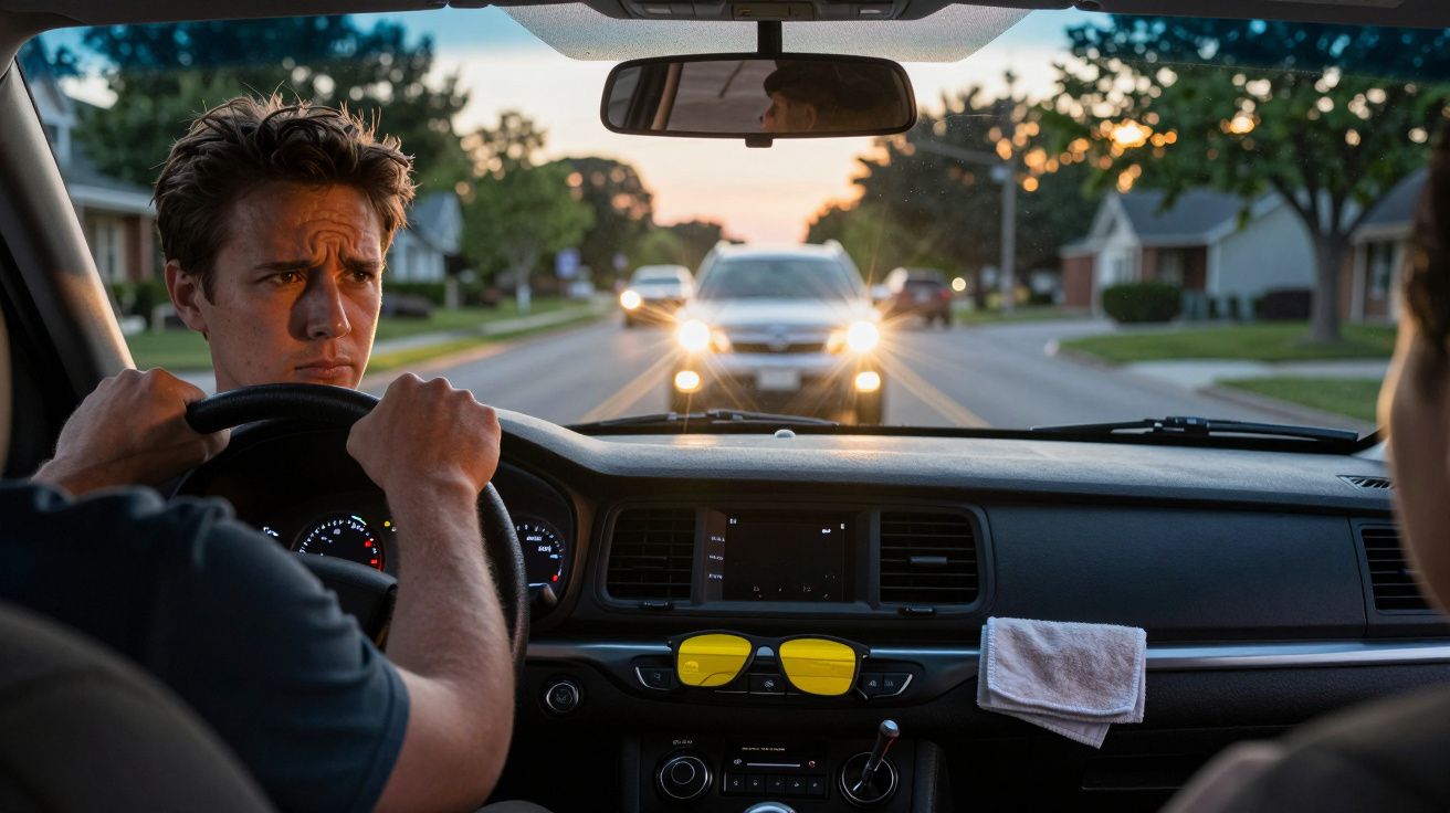 Man stressed while driving, faces oncoming car with headlights on, in suburban street at dusk.