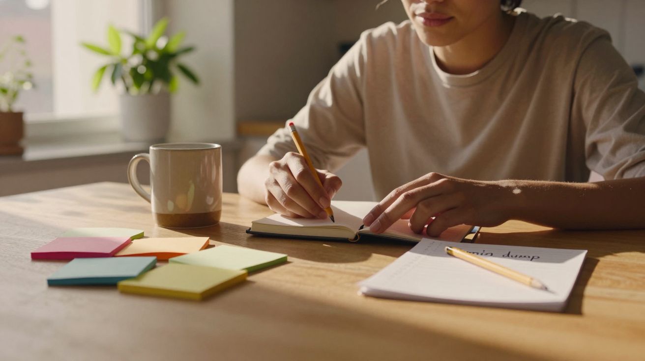 Person writing in a notebook at a wooden table, with colourful sticky notes, a mug, and a potted plant nearby.