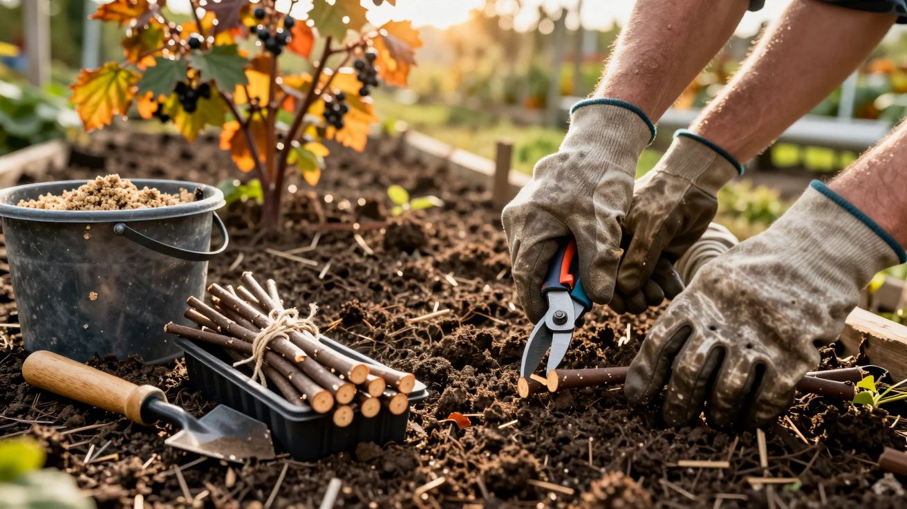 Person in gloves using pruning shears to cut branches in a garden, with tools and a plant nearby.