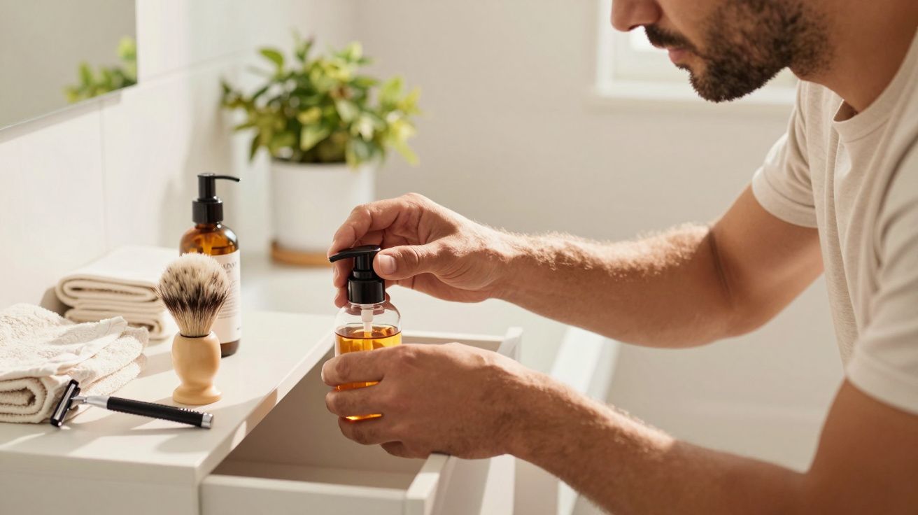 Man using a pump bottle on a bathroom counter with grooming supplies, towels, and a plant in the background.