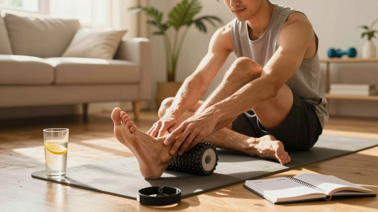 Man using foam roller on leg in a bright living room, with a glass of lemon water and open notebook nearby.