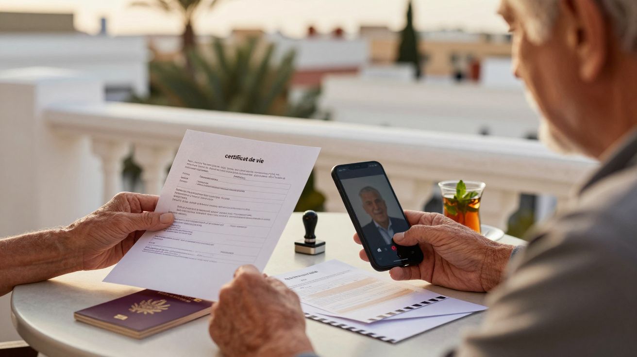 Elderly man video calling, holding a document titled "certificat de vie", on a balcony table with a passport and drink.