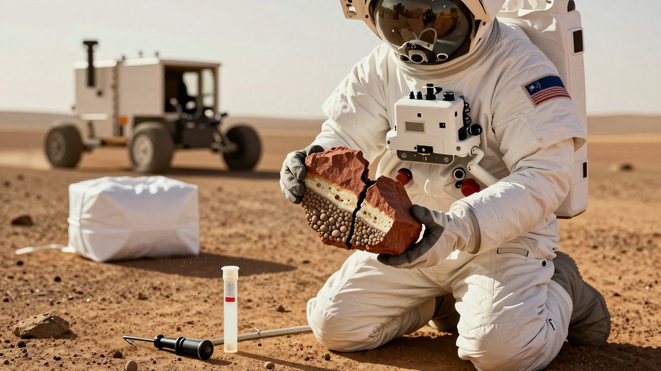 Astronaut in desert examining rock sample, with rover and equipment in background.