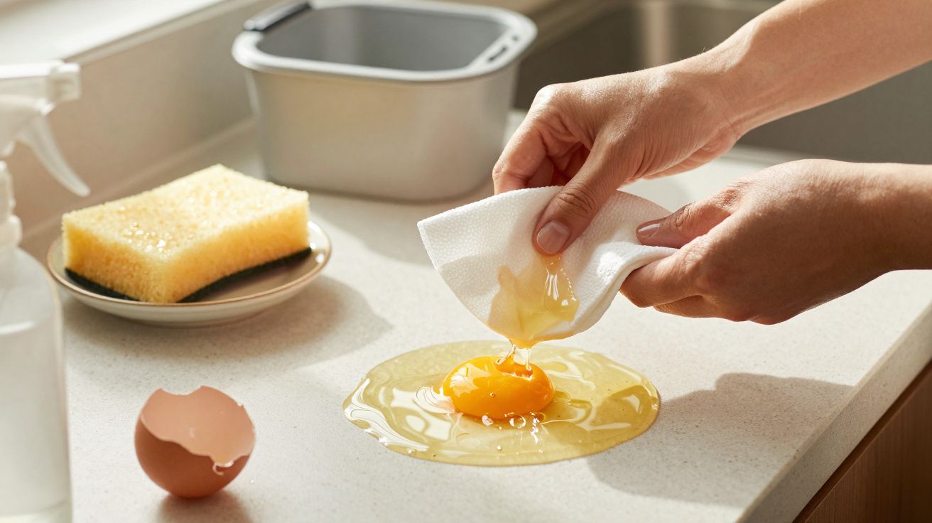 Person cleaning a broken egg with a paper towel on a kitchen counter, sponge and cleaning supplies nearby.