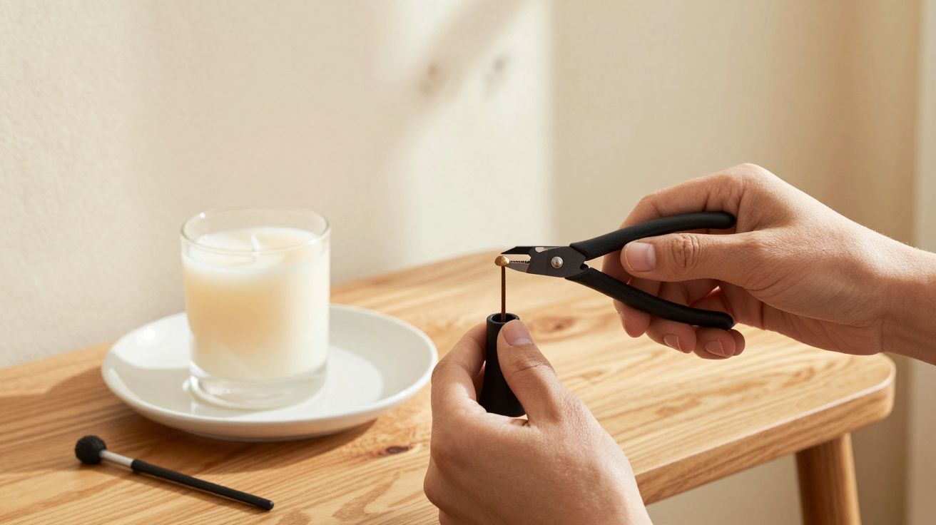 Hands using pliers to trim a candle wick on a wooden table, with a candle and tray in the background.