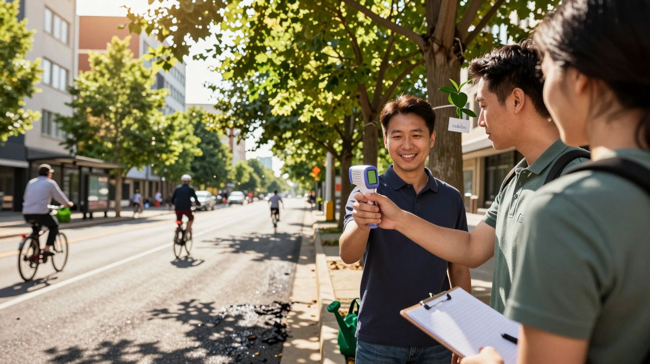 People measuring air quality with a device and clipboard on a sunlit city street with cyclists passing by.