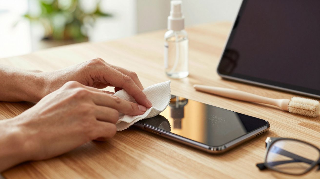 Person cleaning a smartphone with a cloth on a wooden table beside glasses, a spray bottle, and a brush.