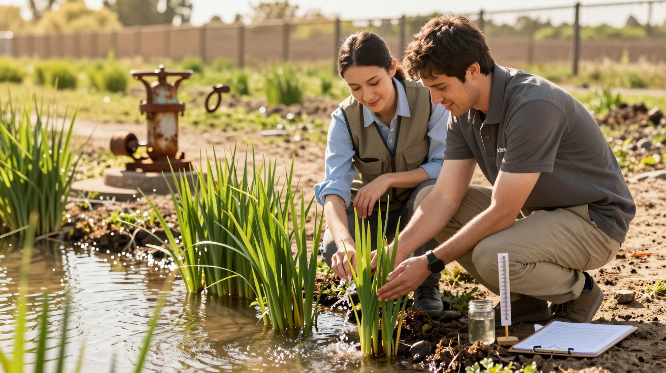 Two people examine aquatic plants by a pond, with scientific equipment and clipboard nearby.